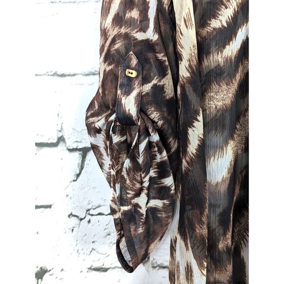 VINTAGE ALBERTO MAKALI Animal Print Sheer Button-Front Tuxedo Pleat Top Medium - Picture 2 of 5